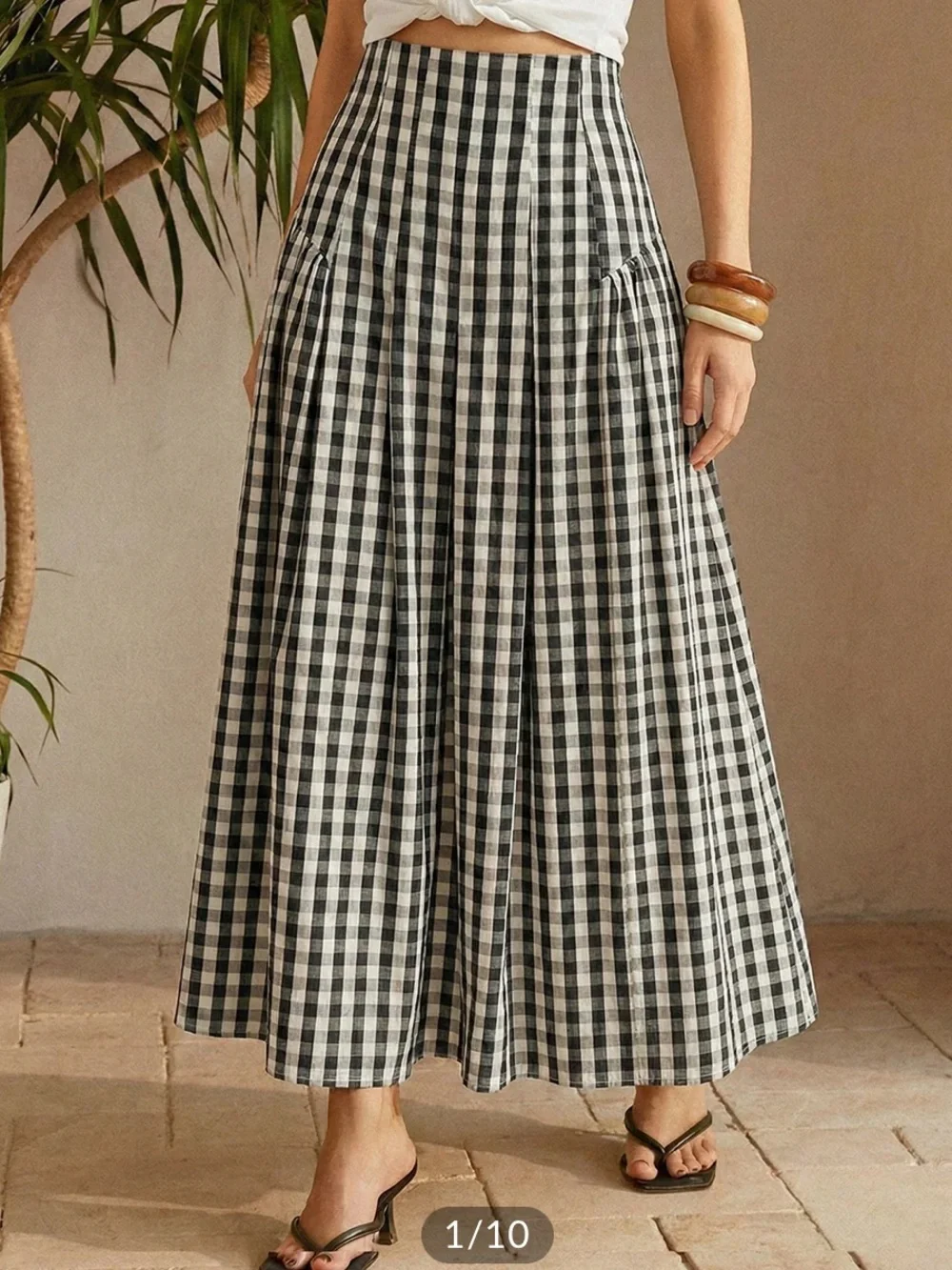 COMMENSE Red Gingham High-Waisted Pleated Midi Skirt - Picture 2 of 6